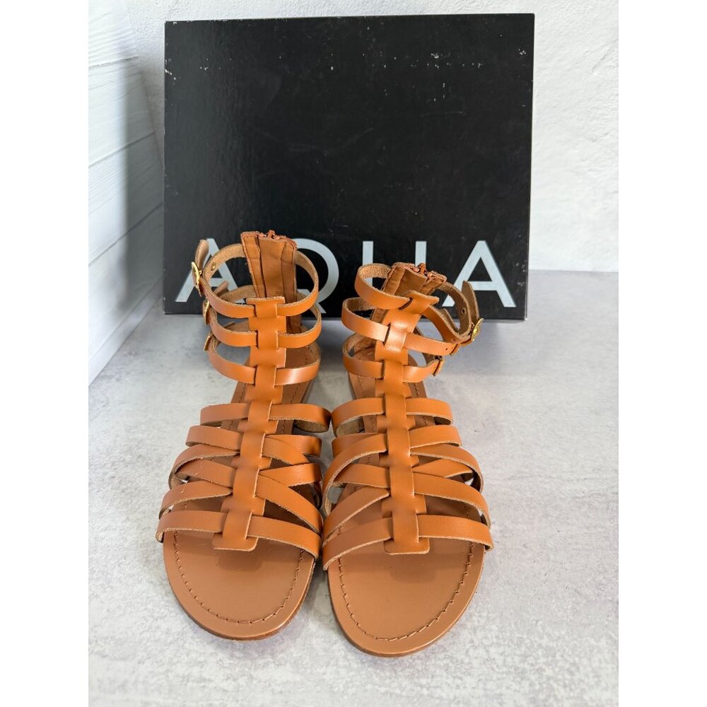 NIB AQUA Women's Emil Strappy Gladiator Sandals Cognac Tan Leather Sz 8.5
